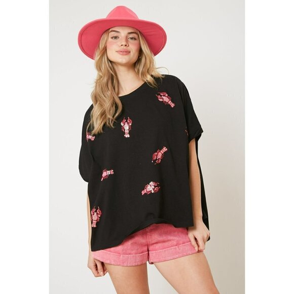 Lobster Party Sequin Patch Oversized Shirt in Black - Picture 2 of 6